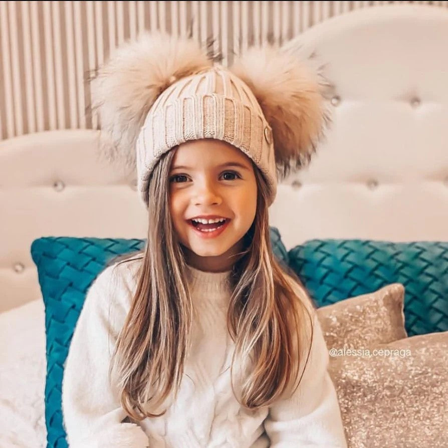 Mini Double Beige Pom Pom Hat Popski London